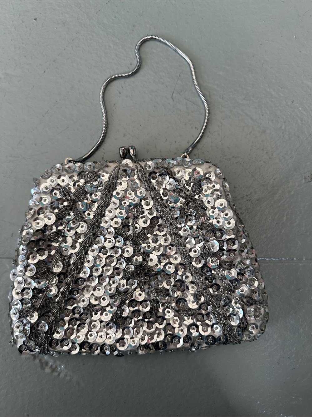 Vintage Sequin Evening Clutch Handbag - Silver